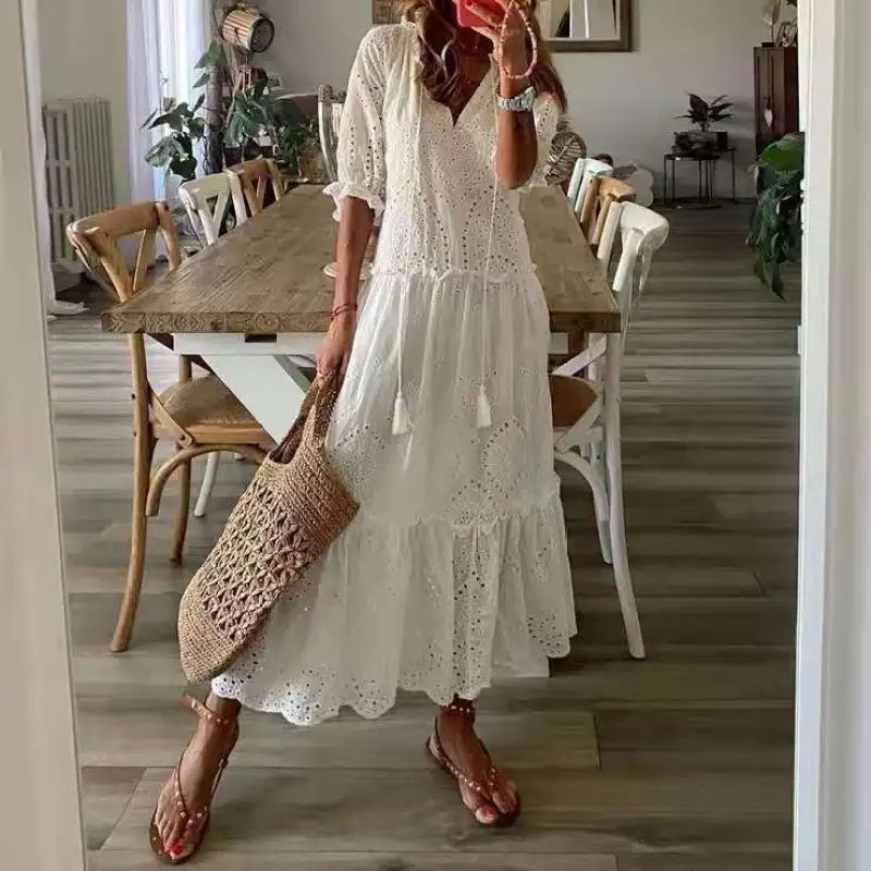 LACEFLAIR™ – BOHO CHIC LONG WHITE LACE DRESS WITH RUFFLES