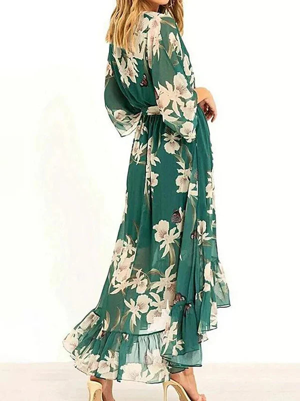 MARZELLA™ – GREEN PRINT DRESS WITH 3/4 SLEEVES AND V-NECK