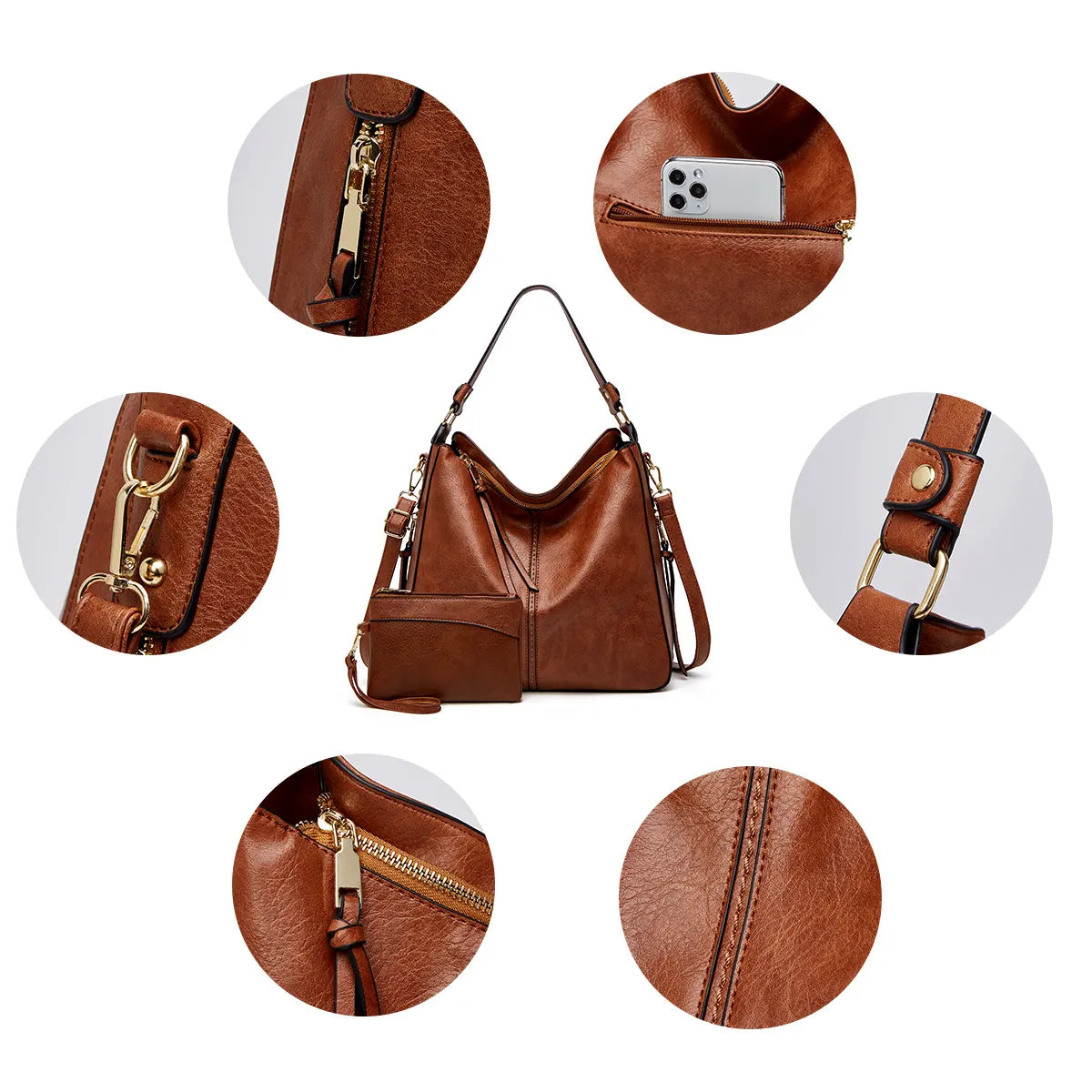 Luxury leather anti-theft hobo-style handbag + free small wallet