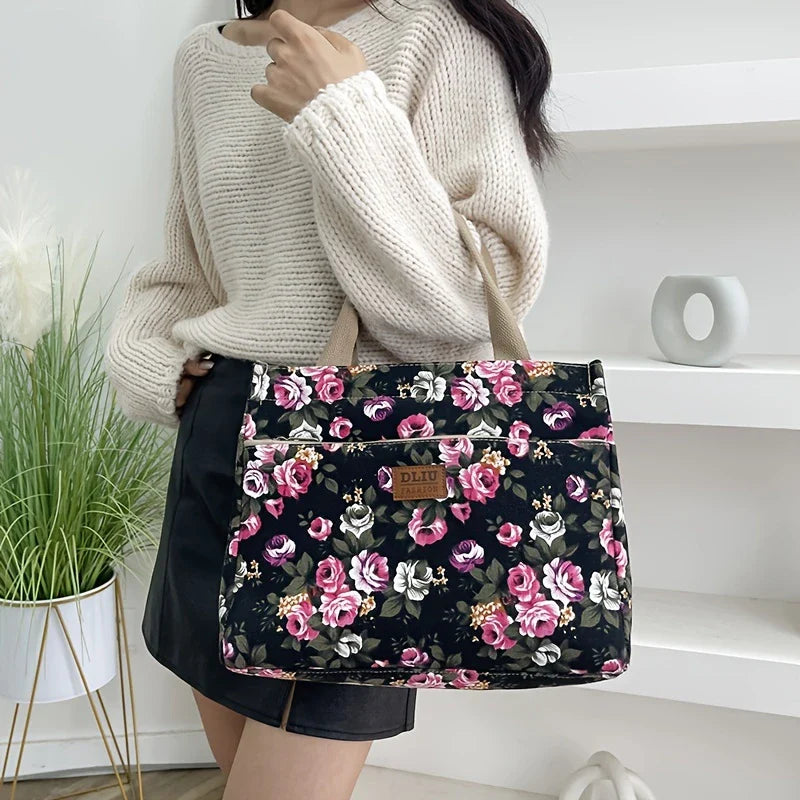 FLORA BLOOM™ — DURABLE FLORAL PRINT TOTE BAG WITH ZIP CLOSURE