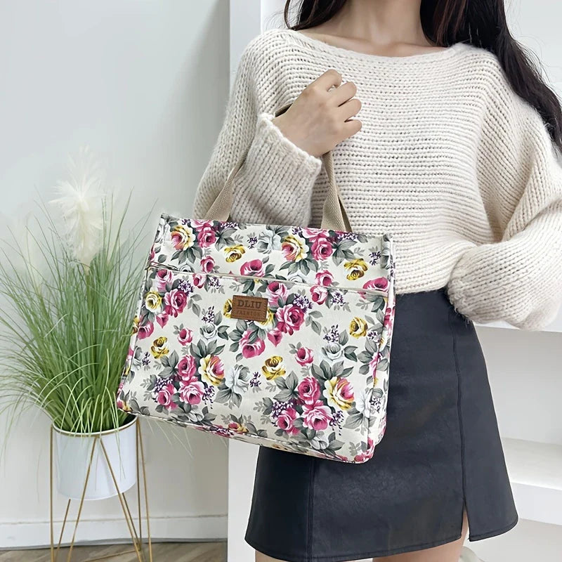 FLORA BLOOM™ — DURABLE FLORAL PRINT TOTE BAG WITH ZIP CLOSURE