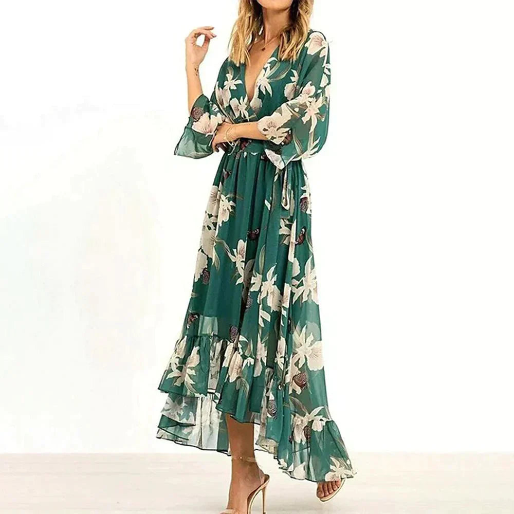 MARZELLA™ – GREEN PRINT DRESS WITH 3/4 SLEEVES AND V-NECK