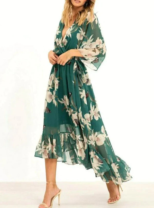 MARZELLA™ – GREEN PRINT DRESS WITH 3/4 SLEEVES AND V-NECK